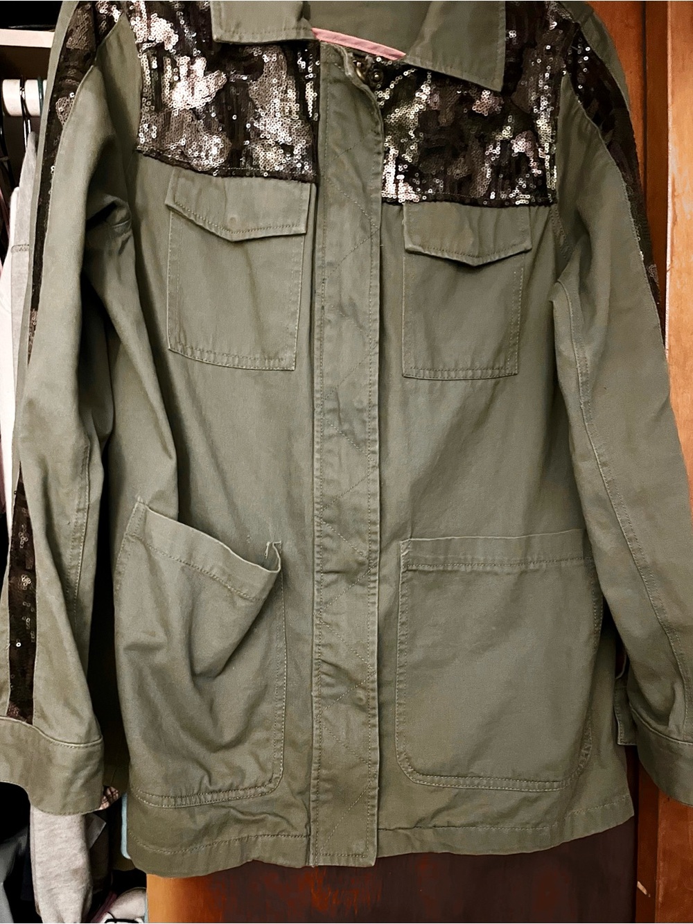 Steve Madden Olive Green Utility Jacket with Sequin Yoke